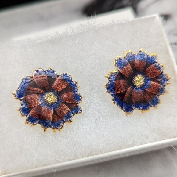 1980s Enamel Flower Pierced Post Earrings Purple Blue Glam Diva Artsy Gold Plt - Picture 6 of 9